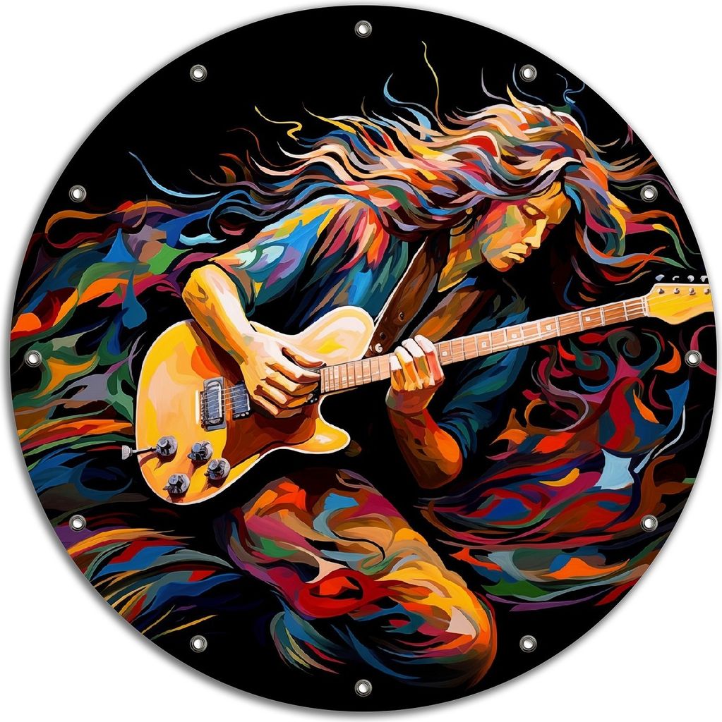 Wallario rundes Outdoor-Poster für Garten oder Balkon, Motiv Farbiges Gitarrenspiel, 90 cm Durchmesser