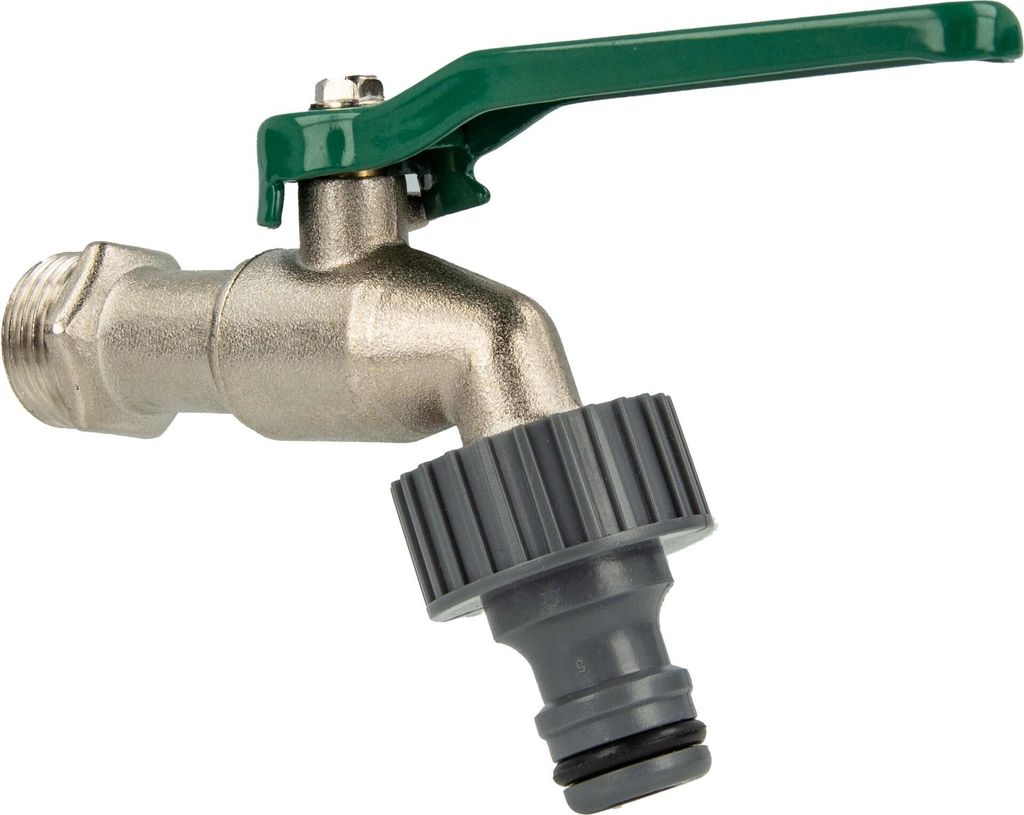 A close-up studio shot of a garden tap with a green handle and a hose connector.