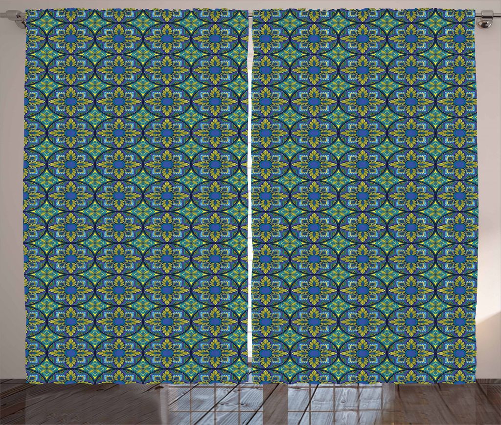 ABAKUHAUS Jahrgang Rustikaler Gardine, Mosaik Fliesen Muster, Schlafzimmer Kräuselband Vorhang mit Schlaufen und Haken, 280 x 245 cm, Kobaltblau A...