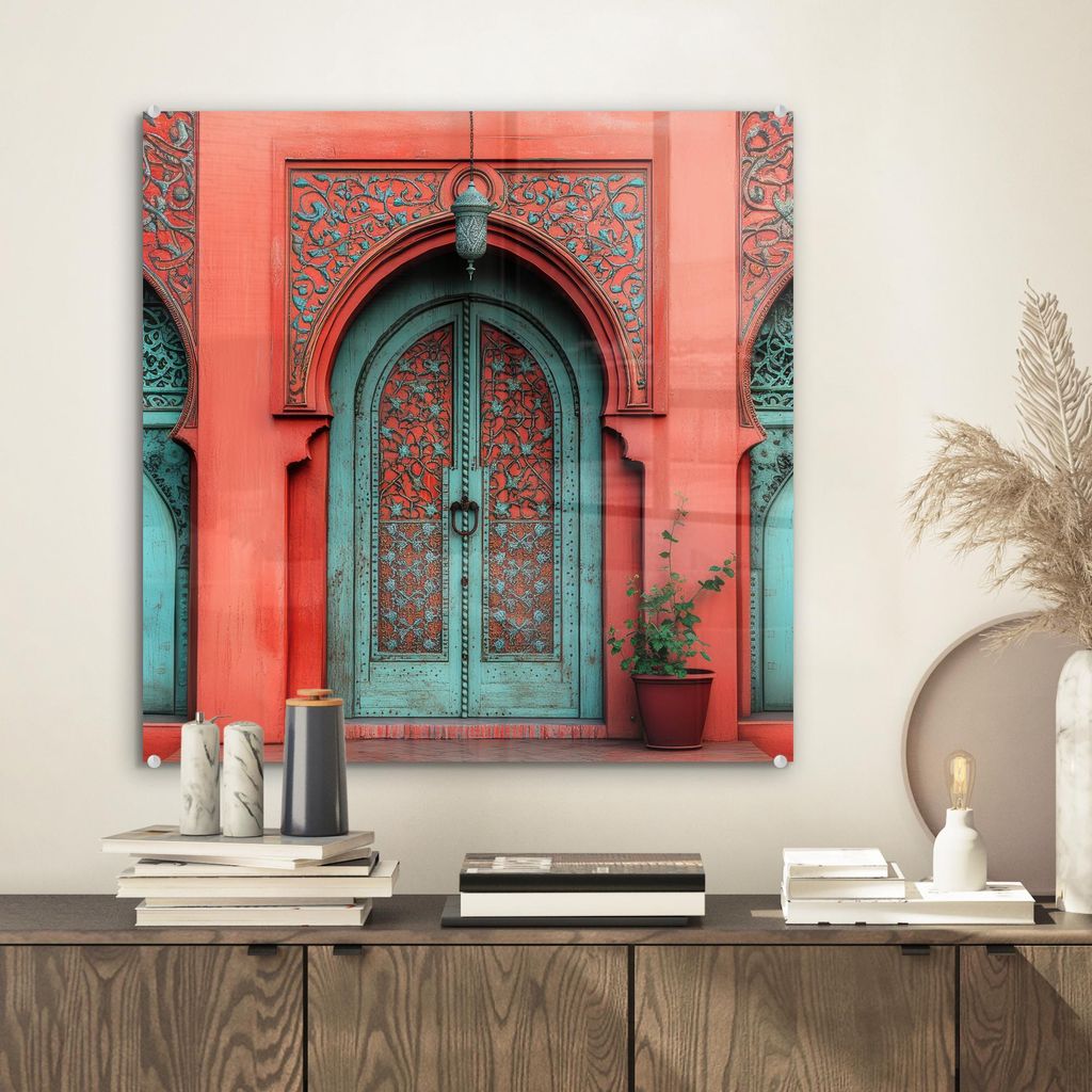 MuchoWow Glasbilder - Bilder auf Wandbild - Foto auf Glas Laterne - Tür - Türkis 50x50 cm Wanddekoration aus Glas - Acrylglasbild - Acrylbilder -...