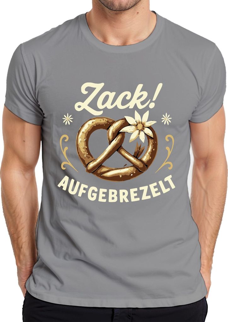 Zack Aufgebrezelt Brezel Tracht Edelweiß Wiesn Lustig Herren T-Shirt, Grau, 3XL