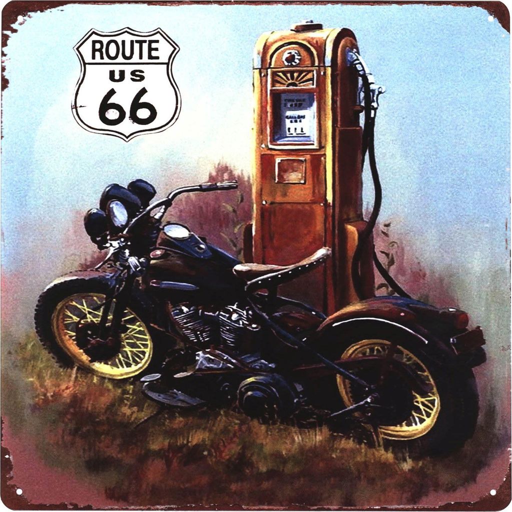 Moritz Retro Deko Blechschild Route 66 US Motorrad Zapfsäule Geschenk-Idee aus Metall Vintage-Design zur Dekoration