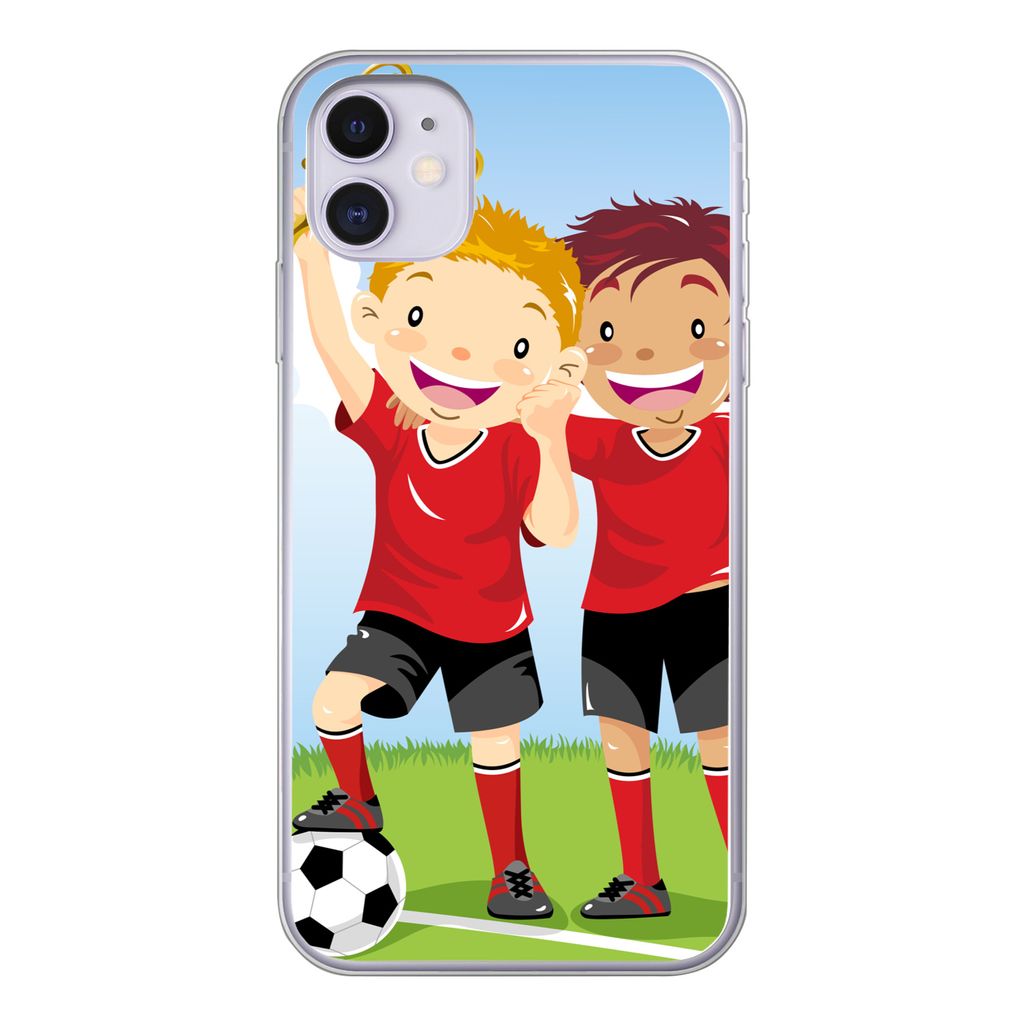 MuchoWow Handyhülle Schutzhülle Hülle für iPhone 11 Eine Illustration von zwei Fußballspielern, die einen Preis gewonnen haben - Jungen - M...