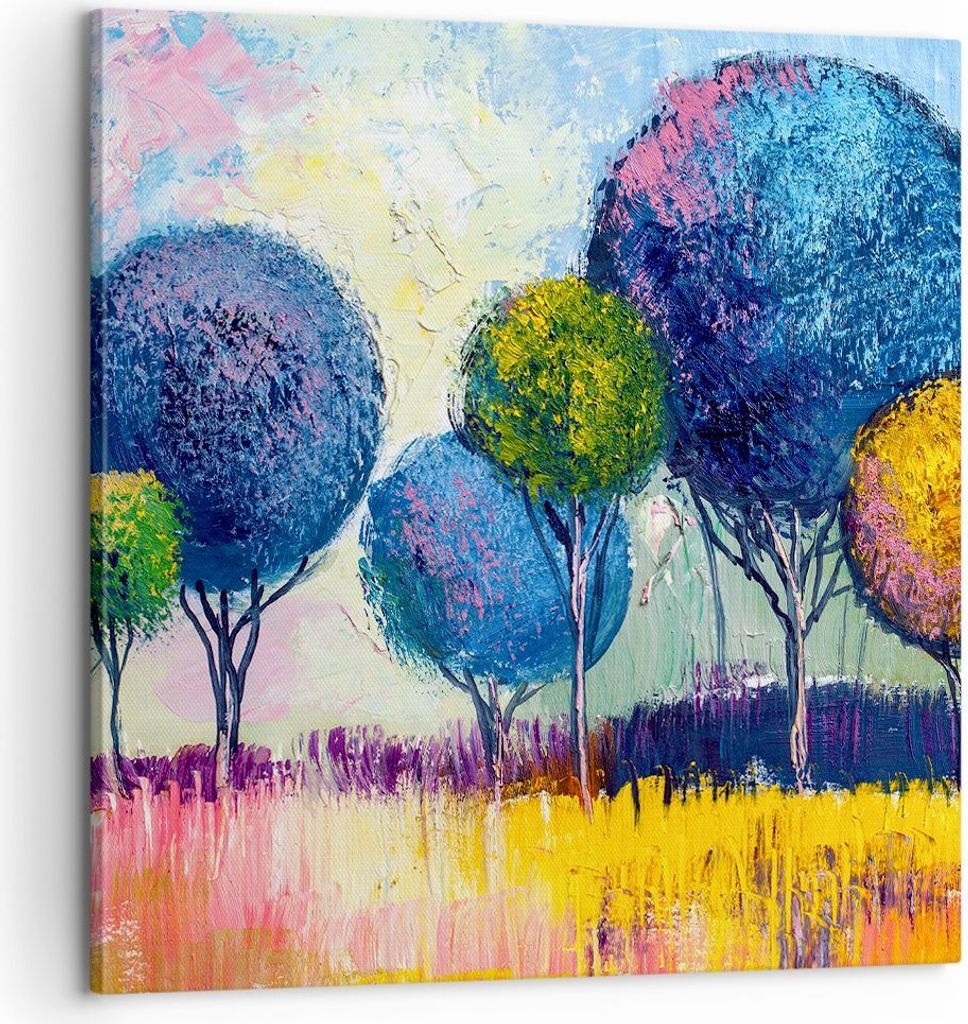 Bild auf Leinwand - Leinwandbild - Bäume Wiese Sommer - 60x60cm - Wand Bild - Wanddeko - Wandbilder - Leinwanddruck - Bilder - Kunstdruck - Wandde...
