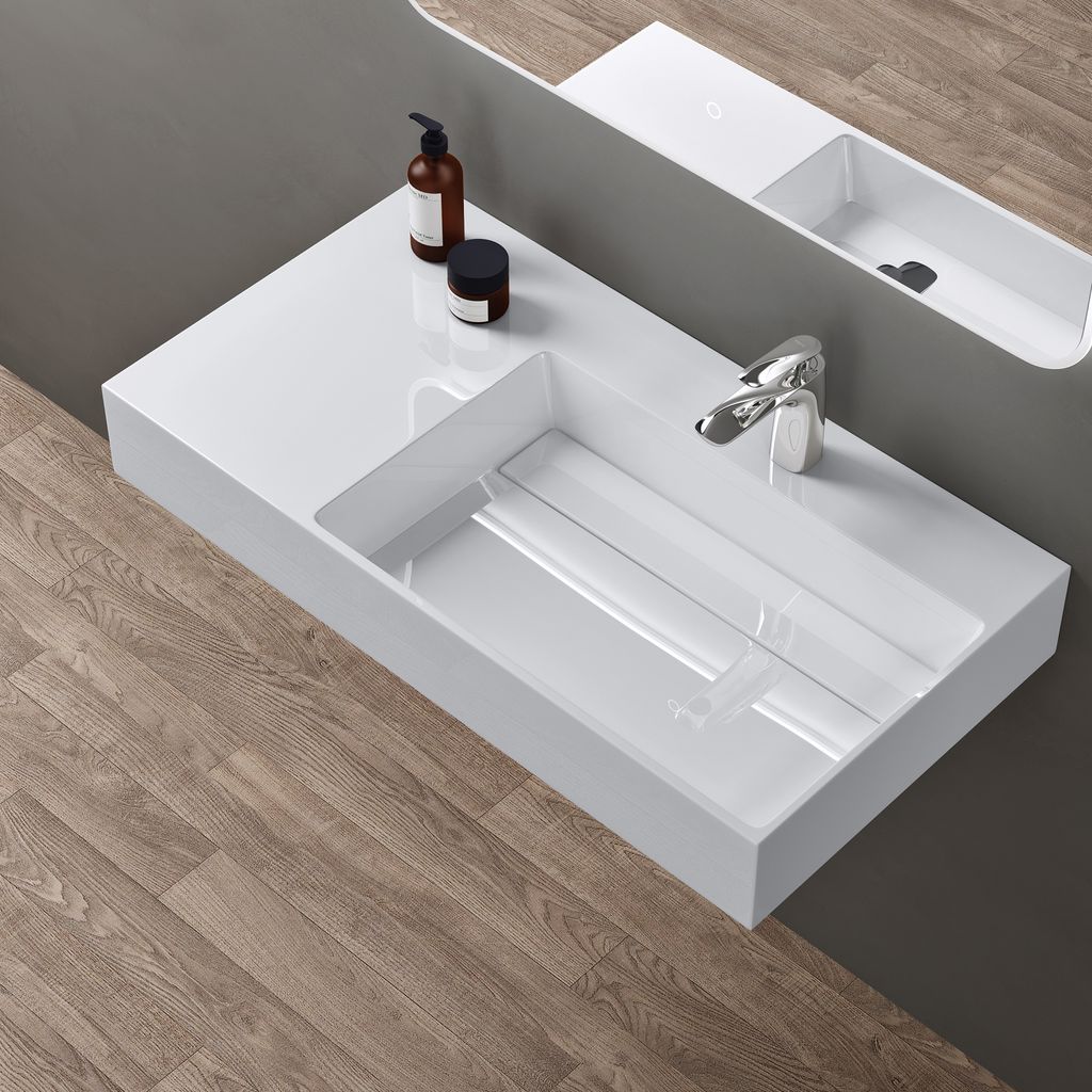 doporro Design Waschbecken 90x48x13 cm mit verstecktem Ablauf in weiß aus Mineralguss als Aufsatzwaschbecken und Hängewaschbecken geeignet col12-R