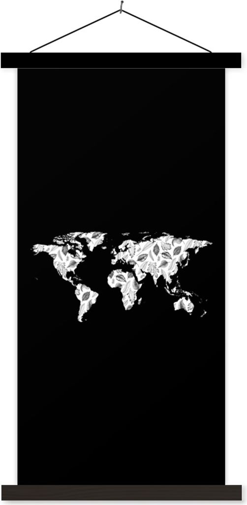MuchoWow Textilposter Weltkarte - Blätter - Schwarz 40x80 cm mit schwarzem Rahmen - Wandemalerei