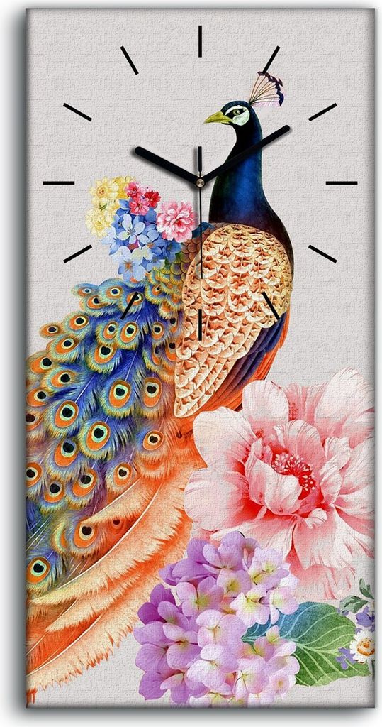 Leinwand Uhr Küche Wohnzimmer Bild 30x60 Gemälde Abstraktes Tier Pfauen Blüten - schwarze Hände