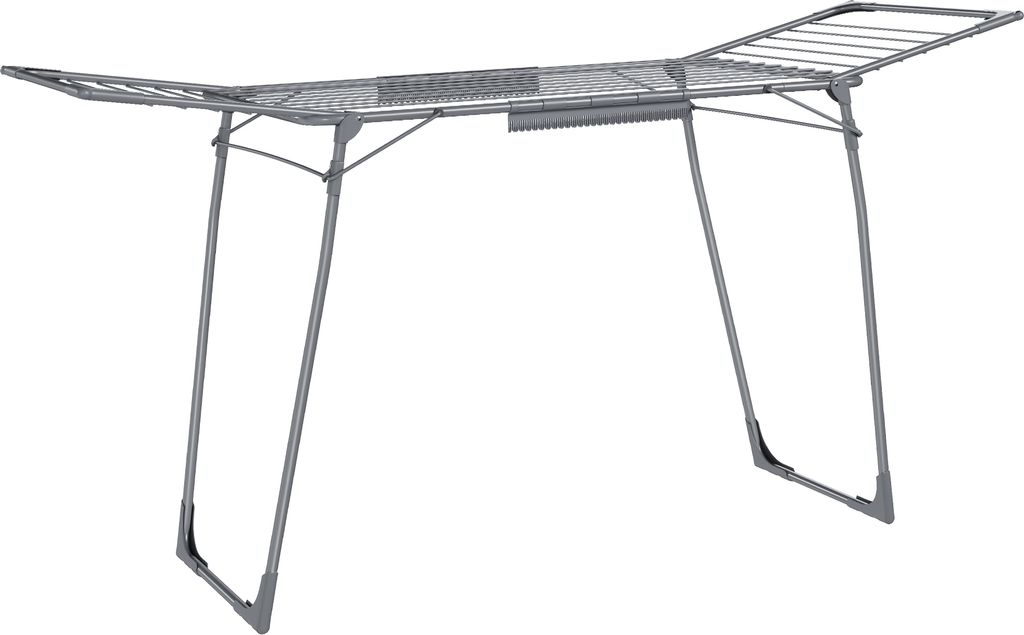 A gray metal drying rack is shown against a white background.