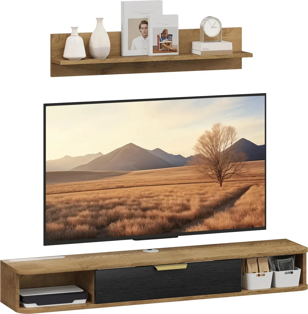 Meuble TV moderne 120cm : finis les câbles visibles - Ensemble en chêne