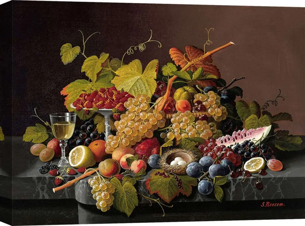 Tableau Severin Roesen Nature morte aux fruits et nid d'oiseau 60x40 cm