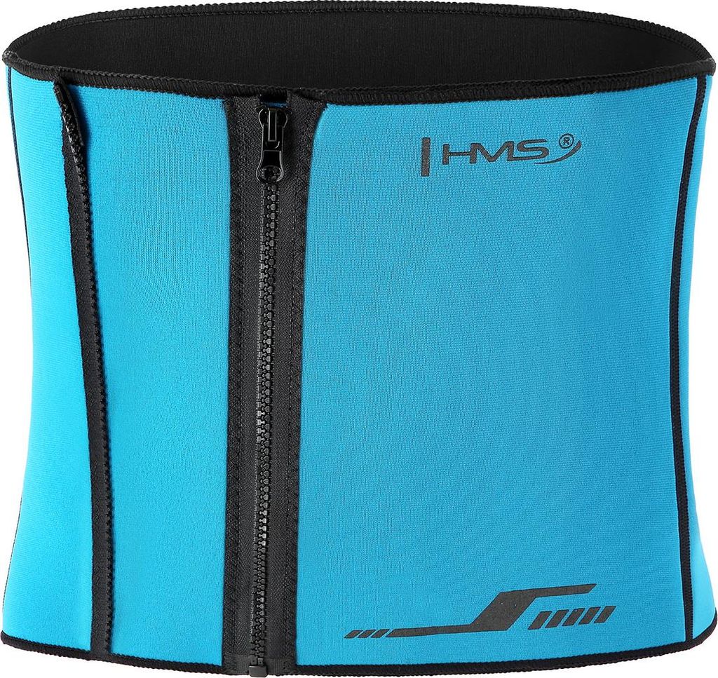 A blue neoprene waist support with a black zipper.