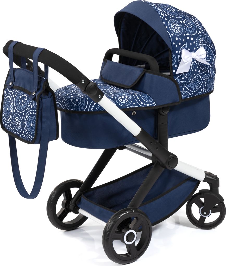 A blue and white patterned doll stroller with a matching bag is shown against a white background.
