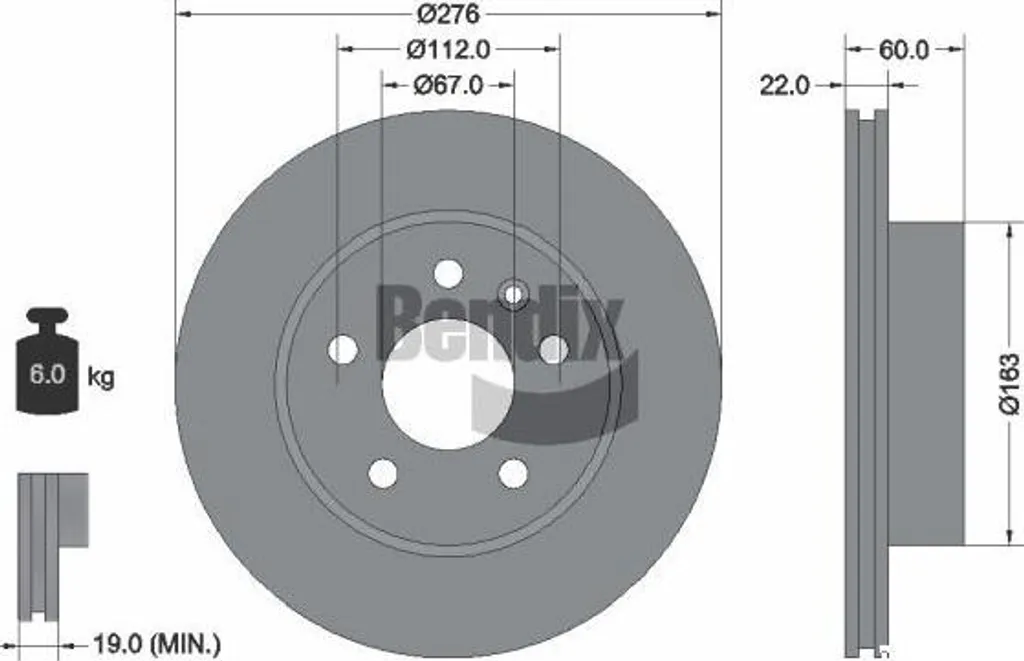 Disque de frein BENDIX BDS1189 OE 6384210112 pour Classe V et Vito