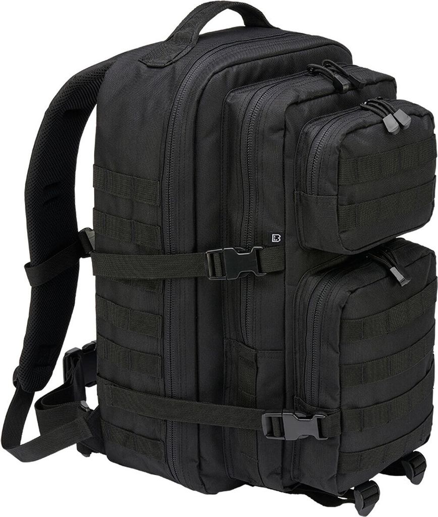 A black backpack is shown against a white background.