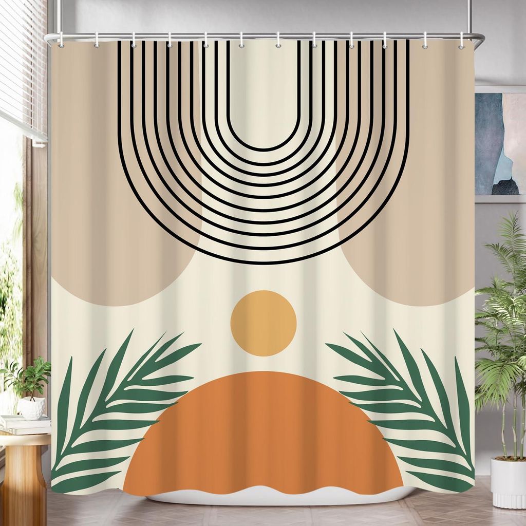 Duschvorhang, 180 x 200 cm, orange-grau, Boho-Stil, Mid-Century-Modern, abstrakt mit minimalistischem Blattmotiv. Wasserabweisendes Material. Masch...