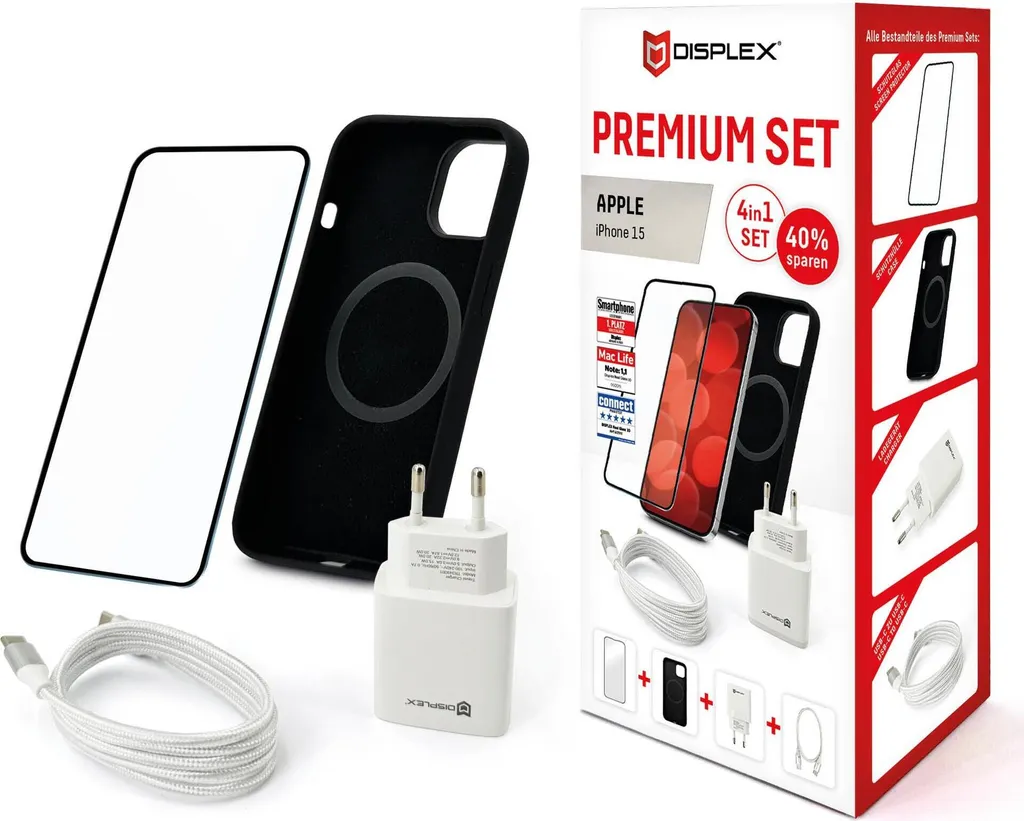 Kit Accessoires iPhone 15 avec Verre 10H, Coque Silicone et Chargeur USB-C