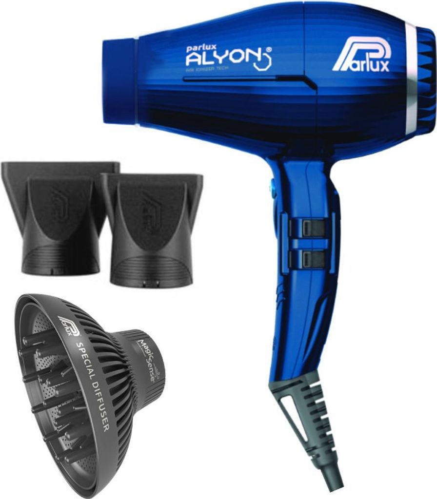 A blue Parlux hairdryer with three attachments on a white background.