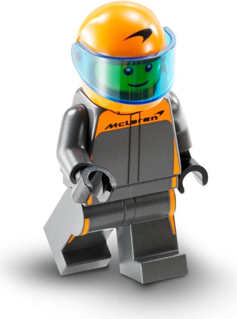 A LEGO minifigure of a race car driver wearing a McLaren racing suit and helmet.