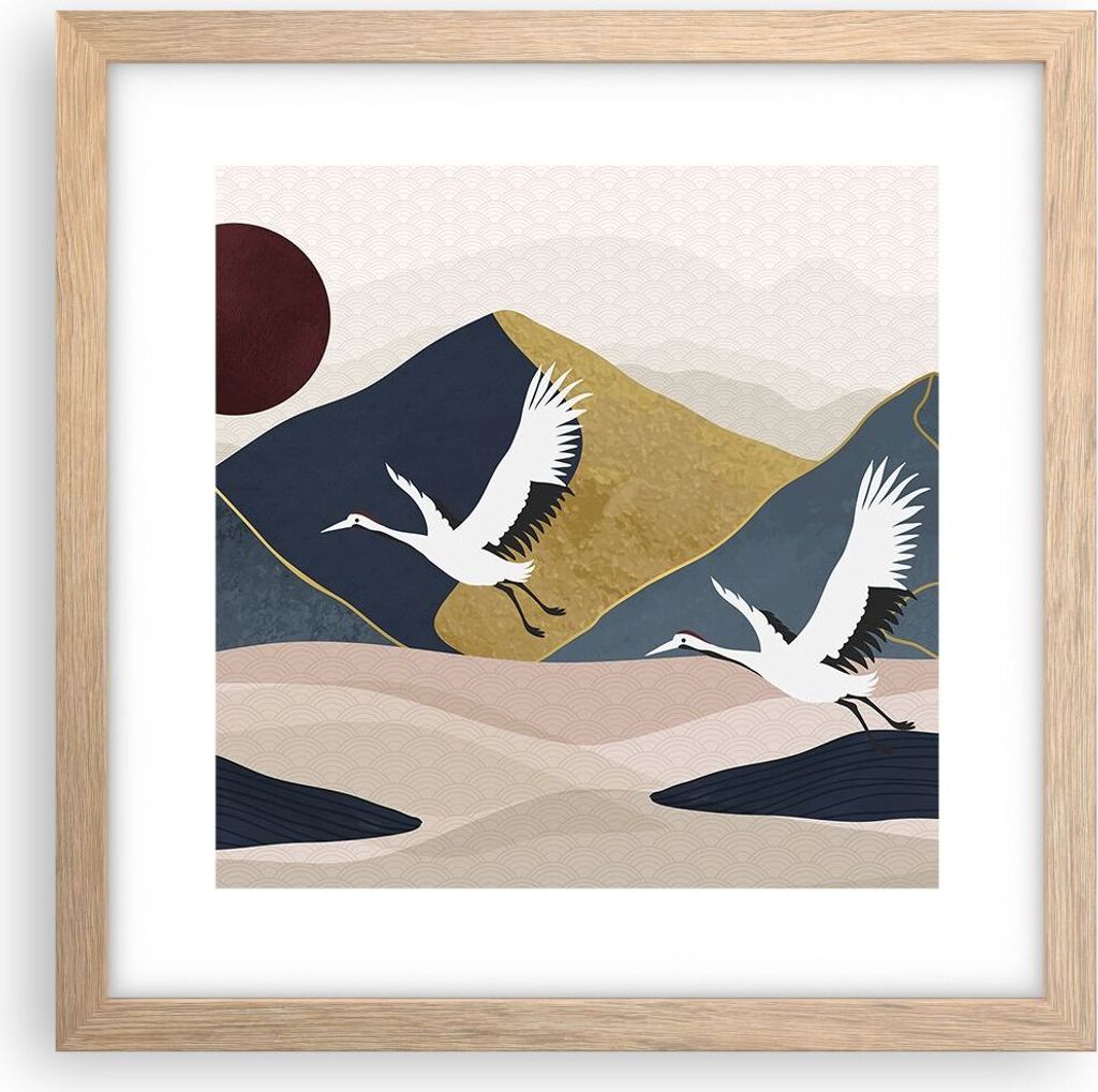 Gerahmtes Poster - Rahmen in heller Eiche - Kraniche Berge Sonne - 30x30 cm - Wand Bild - Wanddeko - Wandbilder - Kunstposter - Wandposter - Bilder...
