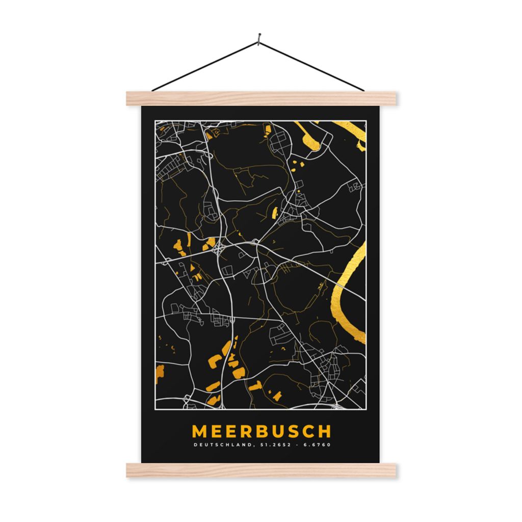 MuchoWow Textilposter Stadtplan - Deutschland - Gold - Meerbusch - Karte 60x90 cm mit holzfarbenen Rahmen - Textil