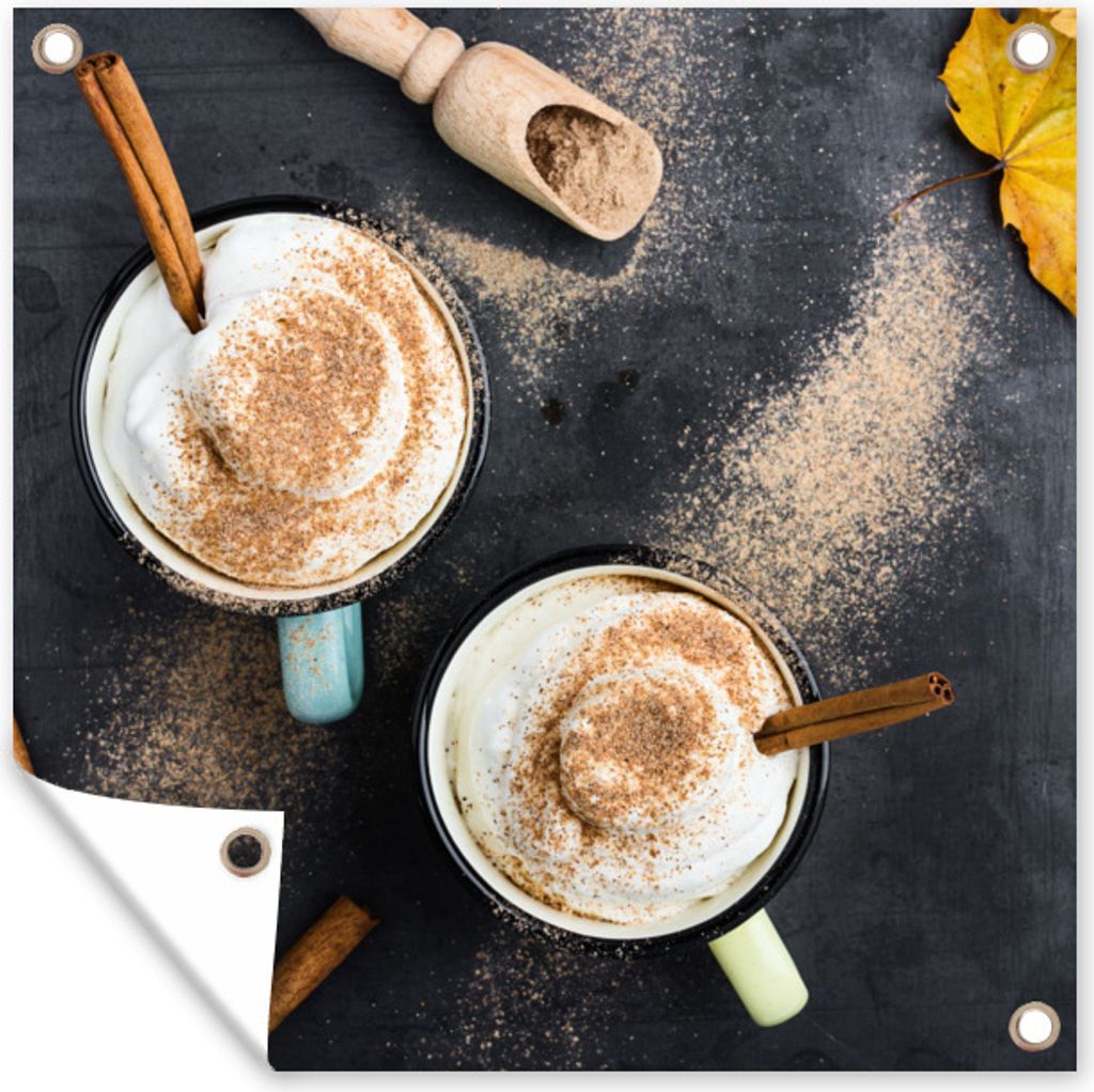 MuchoWow 100x100 cm Outdoor-Poster Gartendeko Sichtschutz Garten Poster für den Garten Ein herbstlicher Kaffee mit Zimt von oben betrachtet
