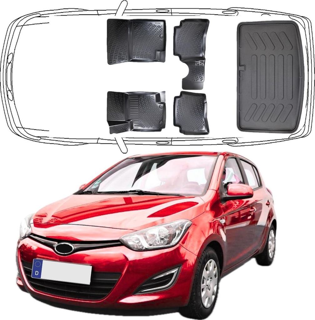 3D Auto Fußmatten & Kofferraumwanne Set Kompatibel mit Hyundai i20 1.Gen Typ PB 2008-2014