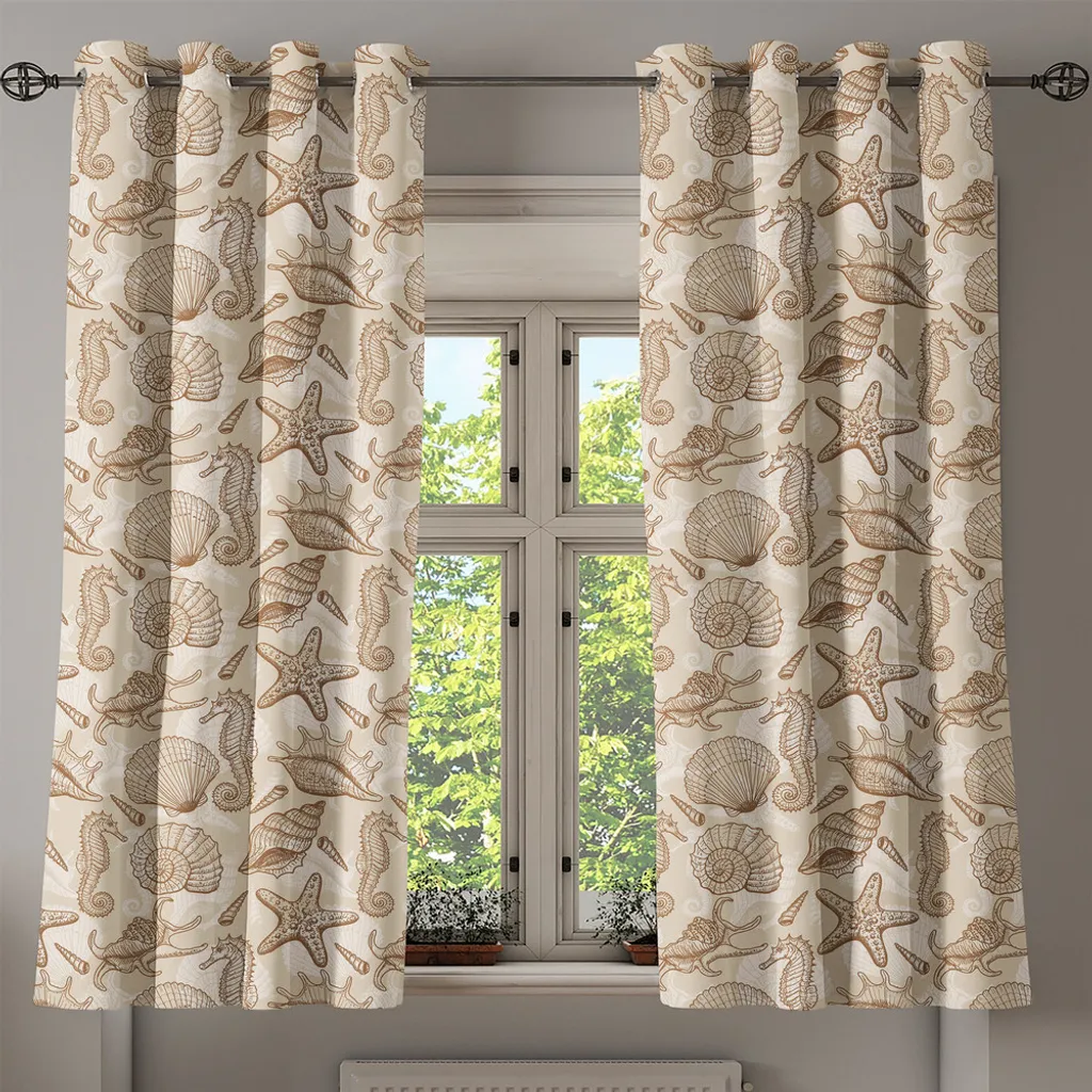 ABAKUHAUS Tenda con occhielli beige, illustrazione in stile retrò con animali marini esotici, conchiglie, stelle marine e cavallucci marini, contemporanea, tende decorative a 2 pannelli, 280 cm x 225 cm, beige - 2