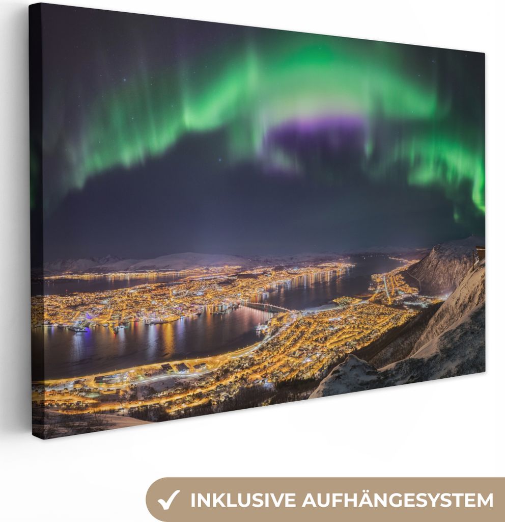 OneMillionCanvasses - Leinwandbilder - 150x100 cm, Nordlichter - Grün - Lila - Norwegen, Wandbilder Kunstdruck Wanddekoration