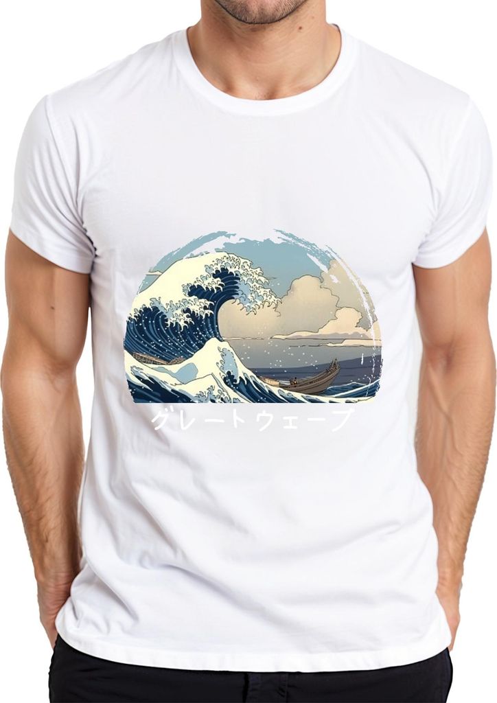 グレートウェーブ Hokusai Welle Japanische Ukiyoe Meer Boot Anime Manga Herren T-Shirt, Weiß, S