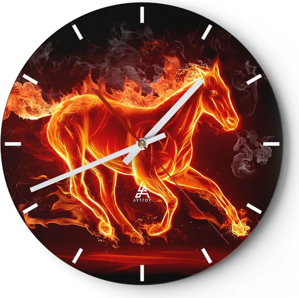 Wanduhr - Rund - Glasuhr - Pferd Illustration Flammen - 40x40cm - Schleichendes Uhrwerk - Lautlos - zum Aufhängen bereit - Dekoration Modern - Wan...