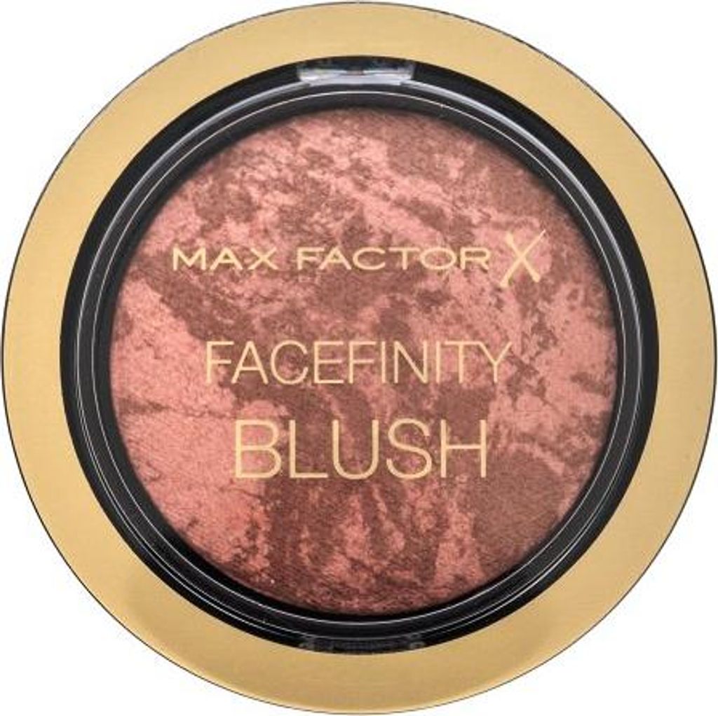 A top-down view of a round makeup compact containing blush.