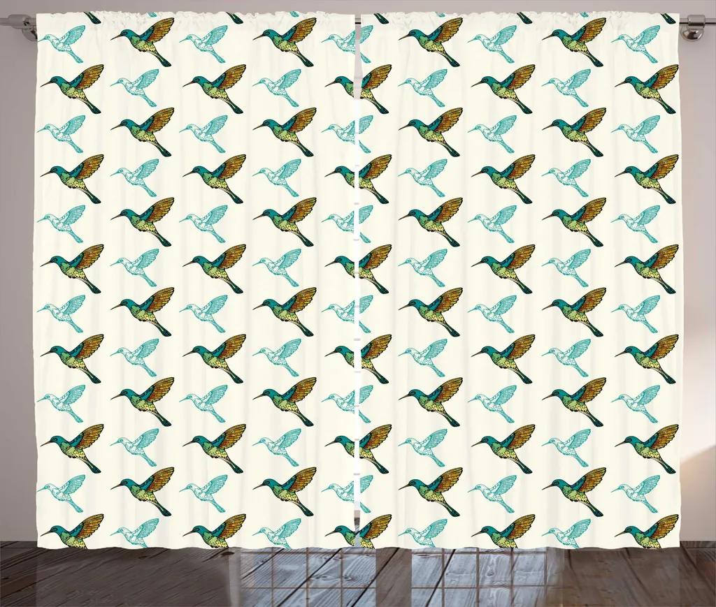 Rideaux de salon universels à motifs colibris colorés 280x225 cm ivoire