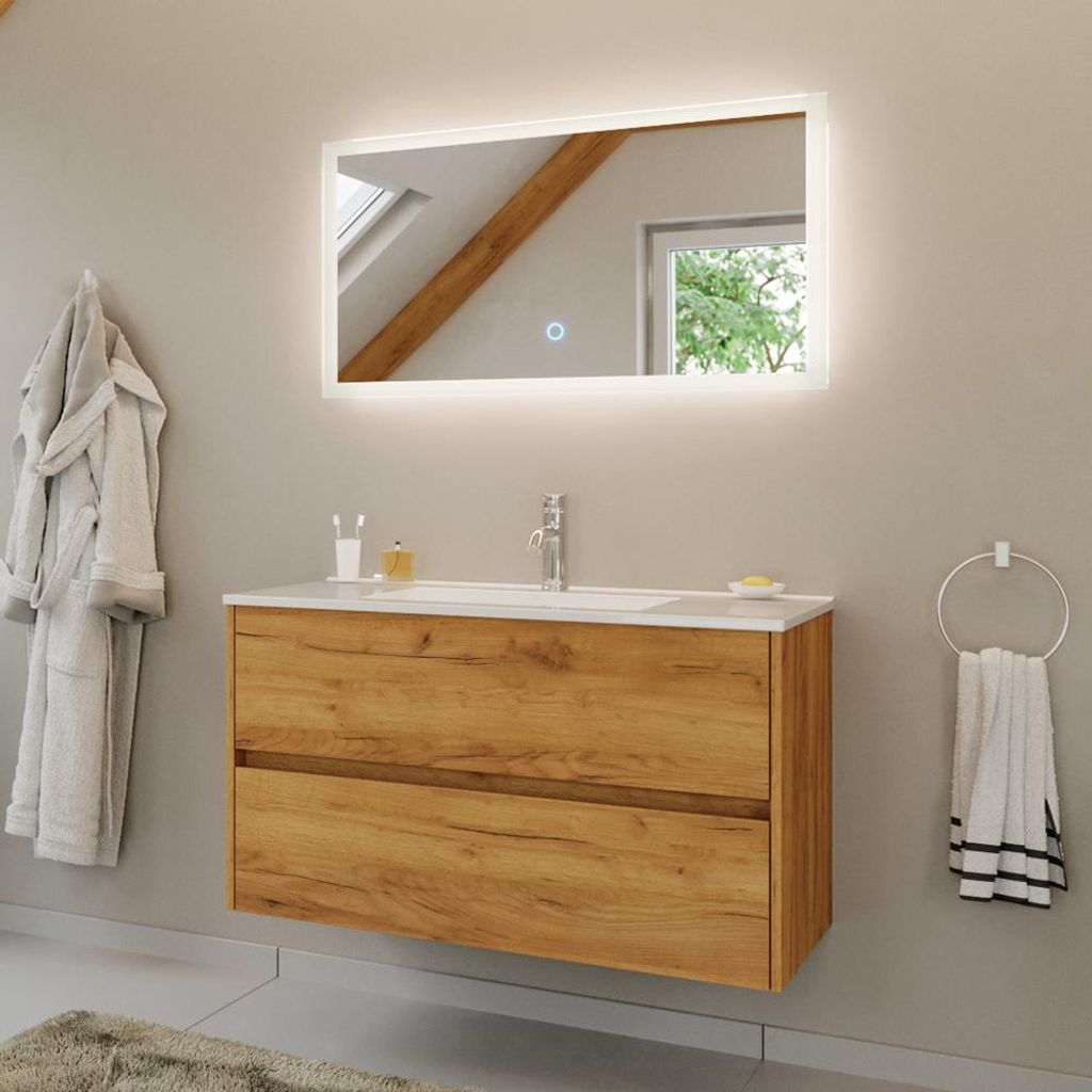 Badmöbel-Set 2-teilig mit 100 cm Waschtisch und Spiegel mit LED-Beleuchtung in Eiche - LIVIGNO-02