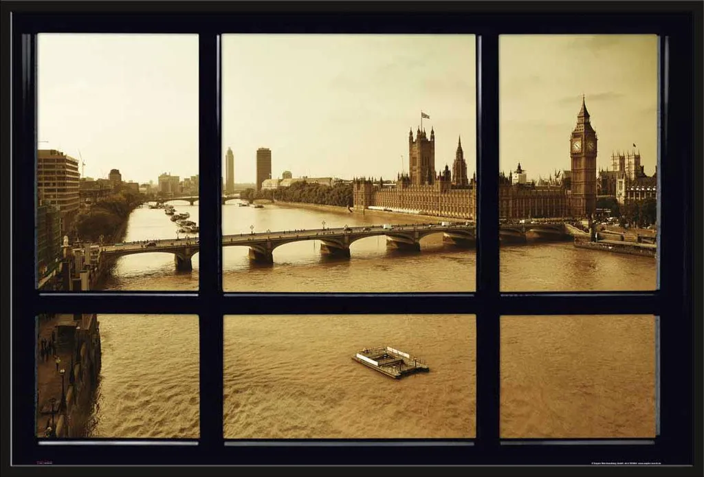 Cadre photo Londres avec affiche effet fenêtre et vitre acrylique 61x91 cm