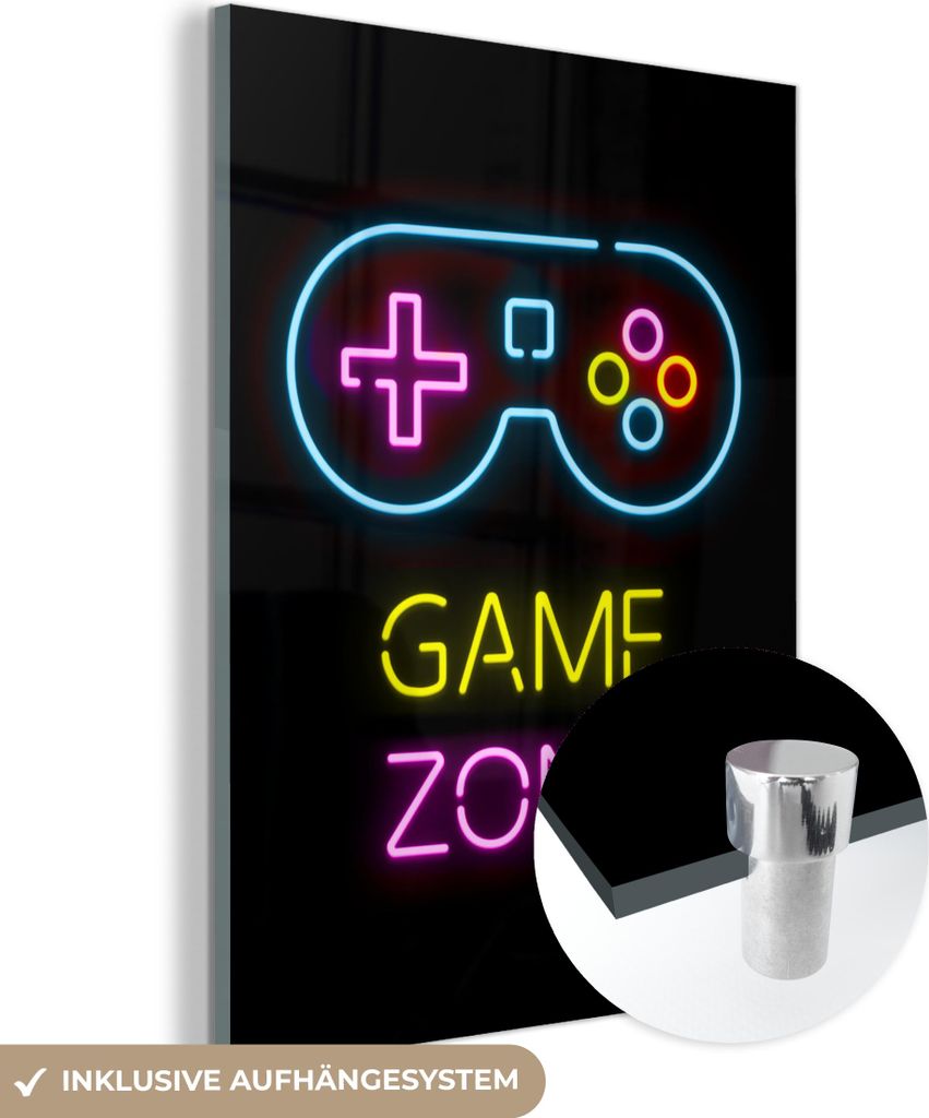 MuchoWow Glasbilder - Bilder auf Wandbild - Foto auf Glas Controller - Spiel - Neon - Schwarz - Zitate - Spielzone 60x80 cm Wanddekoration aus Glas...