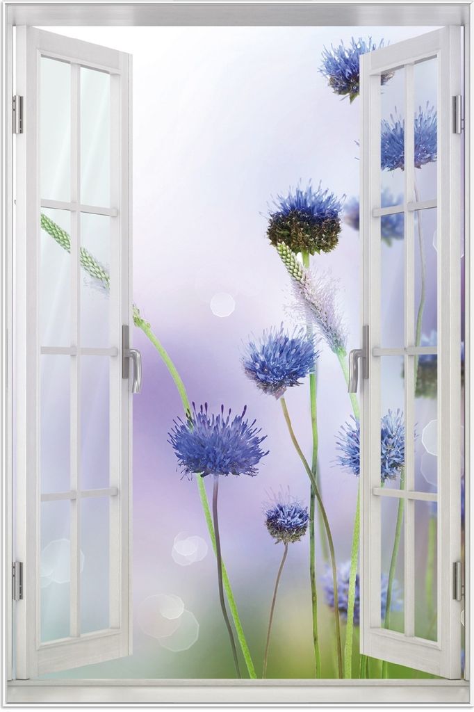 Wallario Wandbild mit Fenster-Illusion: Abstrakte lila Blume, Größe: 61 x 91,5 cm, Poster mit weißem Aluminiumrahmen