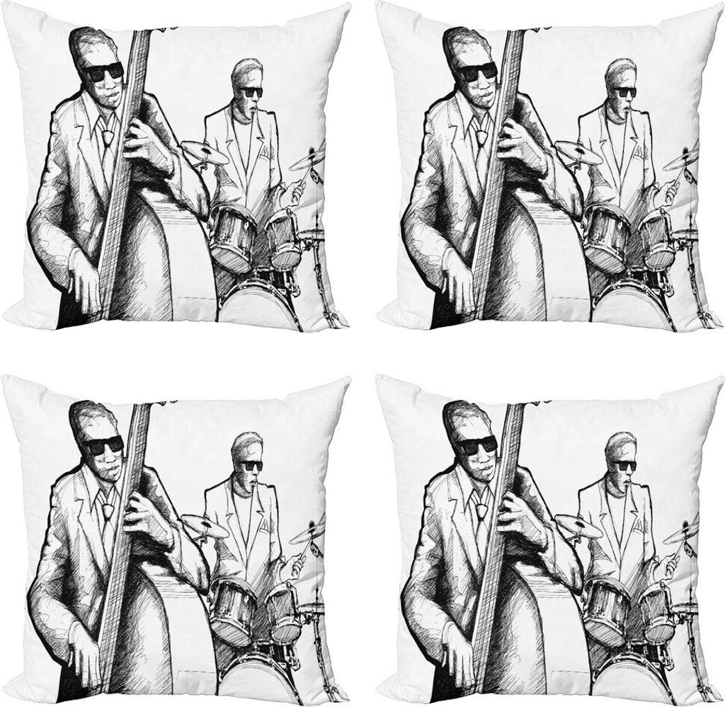 ABAKUHAUS Jazz Musik Kissenbezug Set (4 Stück), Jazz Band Musiker, Moderner Doppelseitiger Digitaldruck, 40 cm x 40 cm, Schwarz-Weiss