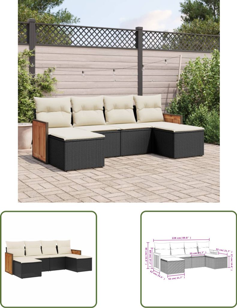 The Living Store 6-tlg. Garten-Sofagarnitur mit Kissen Schwarz Poly Rattan