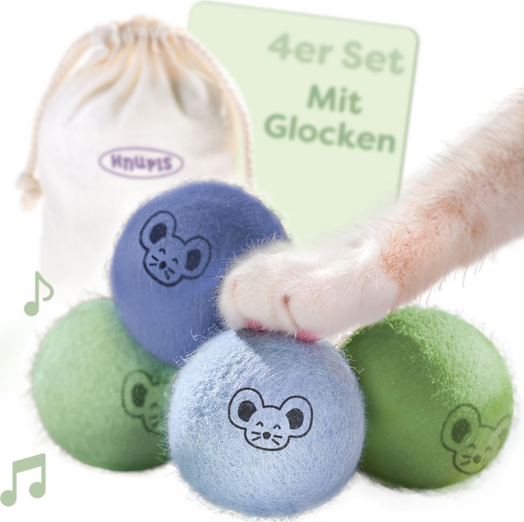 Knupis Katzenbälle mit Glöckchen – 4 Bälle Wolle Produktbild 