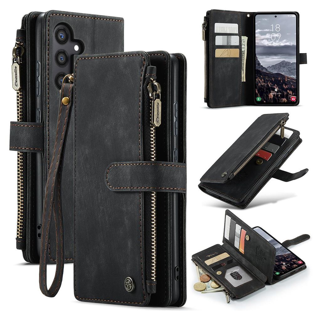 A collage of images showing a black leather wallet-style phone case for a Samsung Galaxy S24, with various angles and internal views.