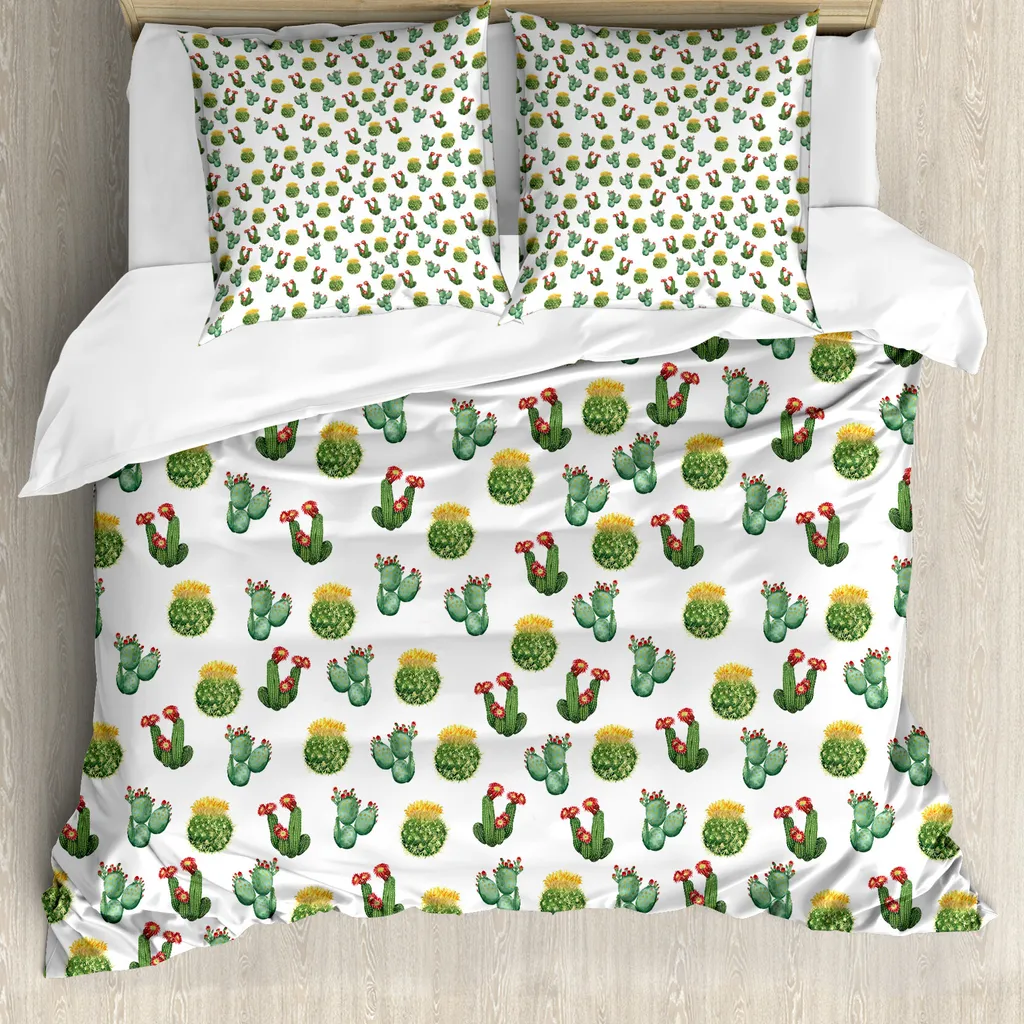 ABAKUHAUS Copripiumino con stampa piante, cactus e piante grasse, antiacaro e anallergico, con federe, 155 cm x 220 cm - 80 x 80 cm, verde giallo