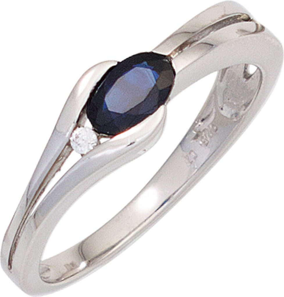 JOBO Damen Ring 333 Gold Weißgold 1 blauer Safir 1 Diamant Brillant Goldring Größe 60