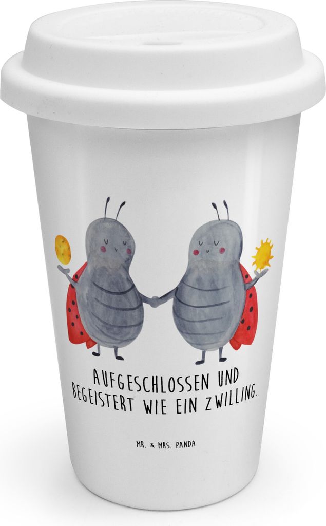 Mr. & Mrs. Panda keramik kaffeebecher Sternzeichen Zwilling - Weiß - Geschenk, Marienkäfer, To Go, Becher, Zwillingsschwester, ToGo, Zwillinge, C...