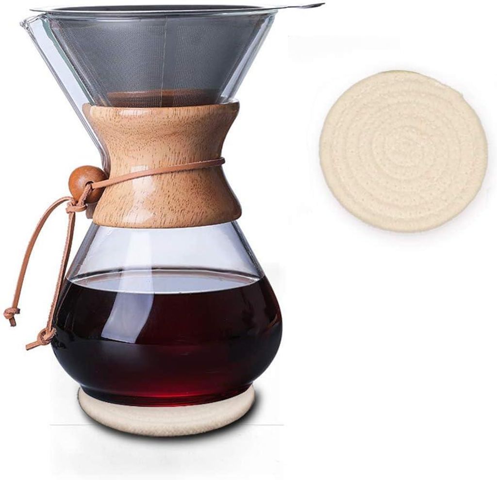 Kaffeemaschine mit Holzhals, wiederverwendbarem Edelstahlfilter, 400-ml-Kanne aus Borosilikatglas und Kaffeefilter.