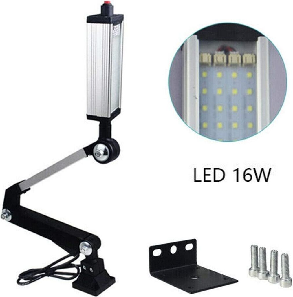 A machine lamp with a flexible arm and its accessories, along with a close-up of the LED lights and a text label.