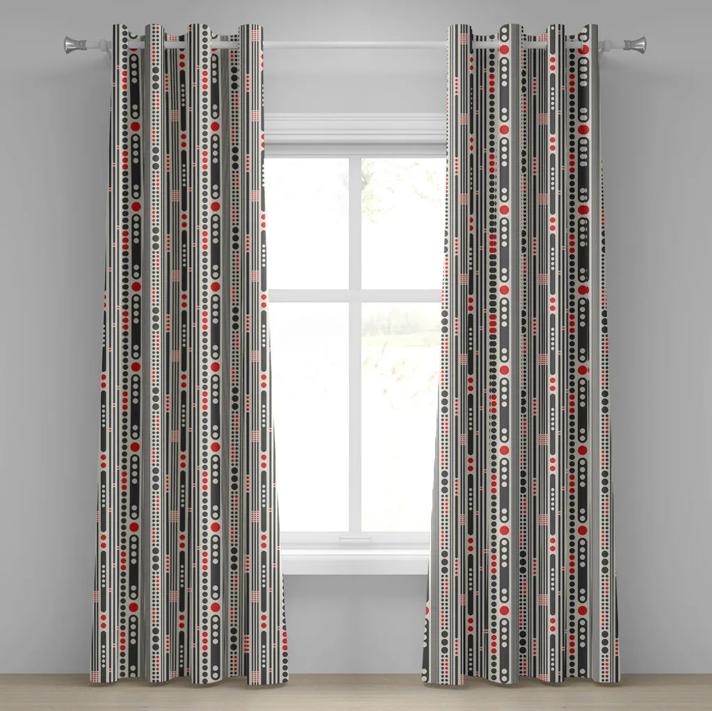 Rideau rayures verticales et cercles gris et rouge à œillets 280x245cm