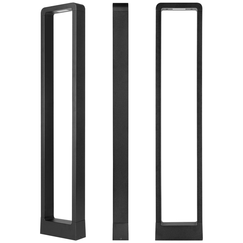 Three views of a black, rectangular garden light.
