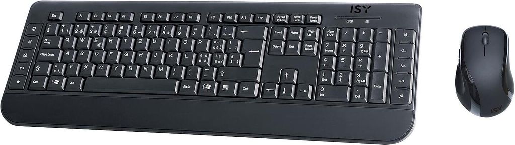 A black wireless keyboard and mouse set is displayed on a white background.