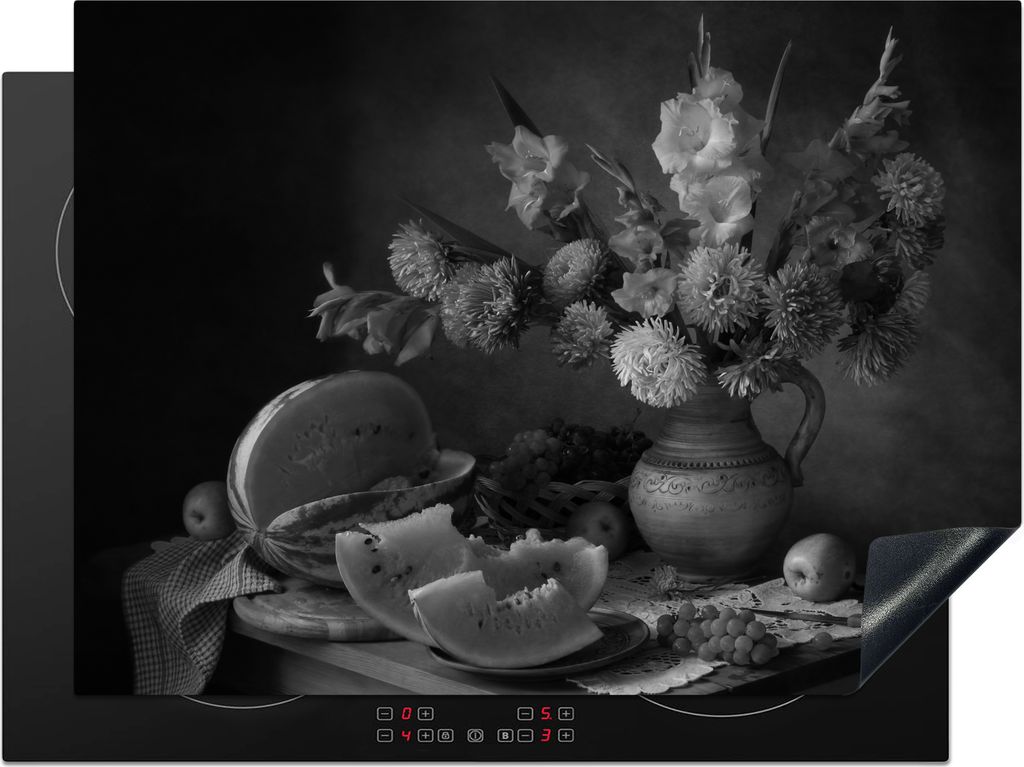 KitchenYeah Herdabdeckplatte Stilleben - Obst - Schwarz - Weiß , 70x52cm, Küche Deko, Glaskeramikkochfeld Herdabdeckung, Abdeckplatte fùr Koch...