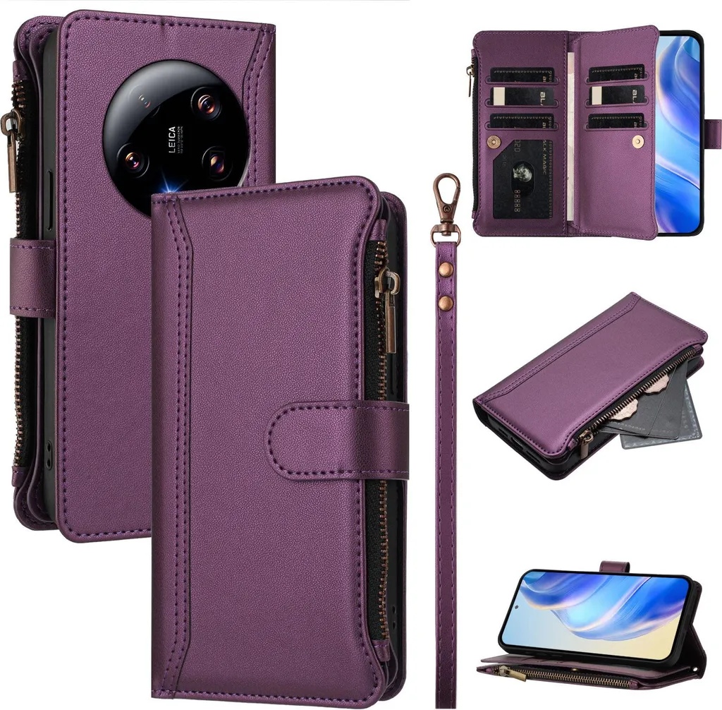 Custodia per Xiaomi 13 Ultra, con cerniera, portafoglio in Finto cuoio con tasche per carte, supporto e passante per la mano Viola